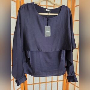NWT WOMENS DKNY NAVY BLUE LONG OPEN BOTTOM ADDED SLEEVES PULLOVER BLOUSE SMALL